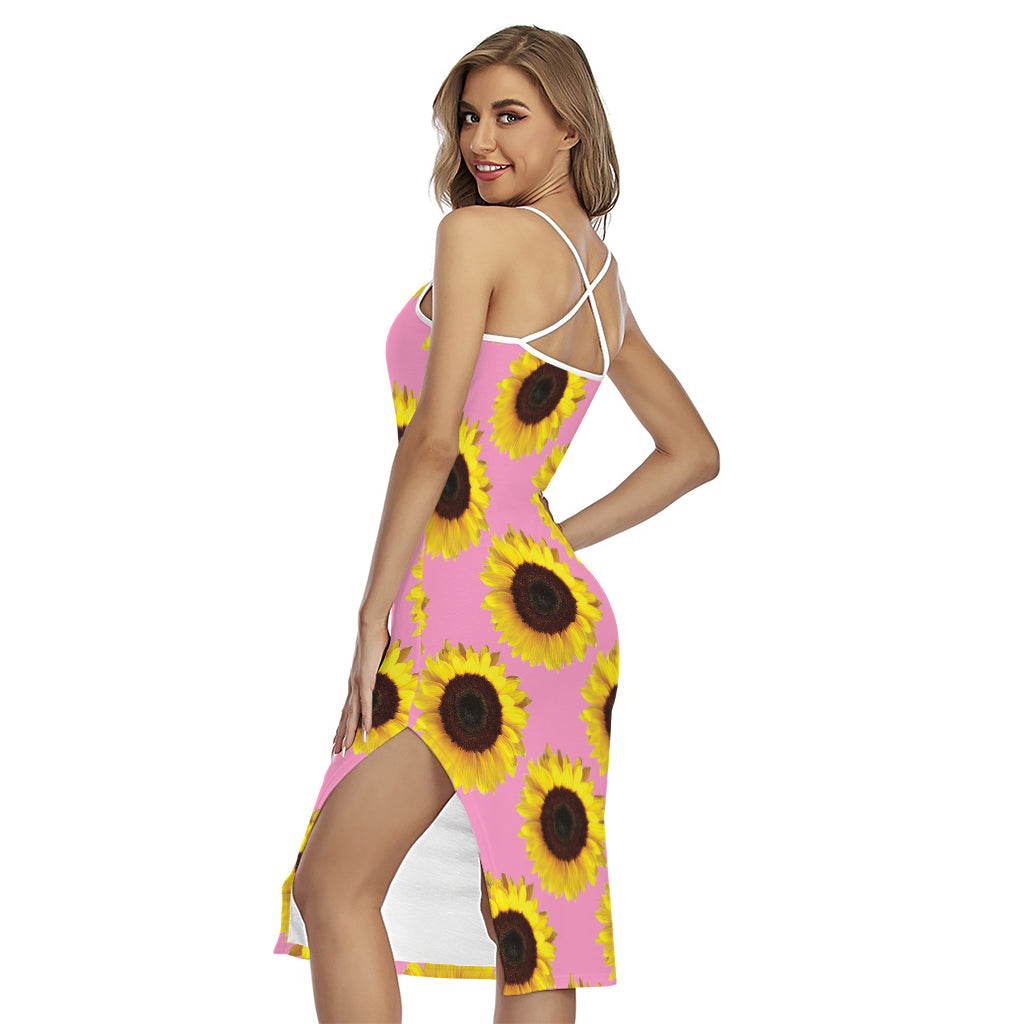 Pink Sunflower Pattern Print Cross Back Cami Dress