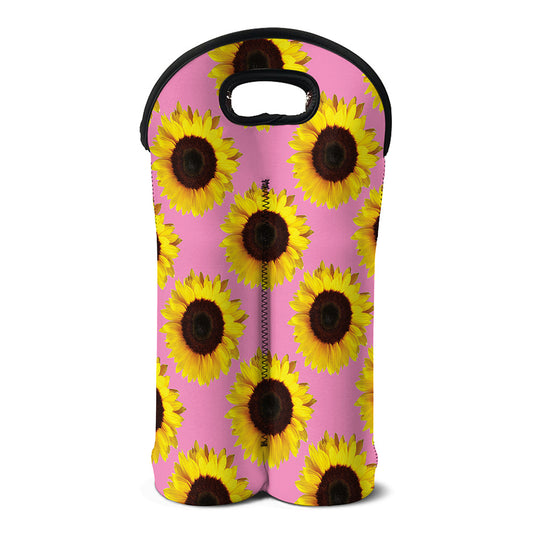 Pink Sunflower Pattern Print Double Neoprene Wine Tote
