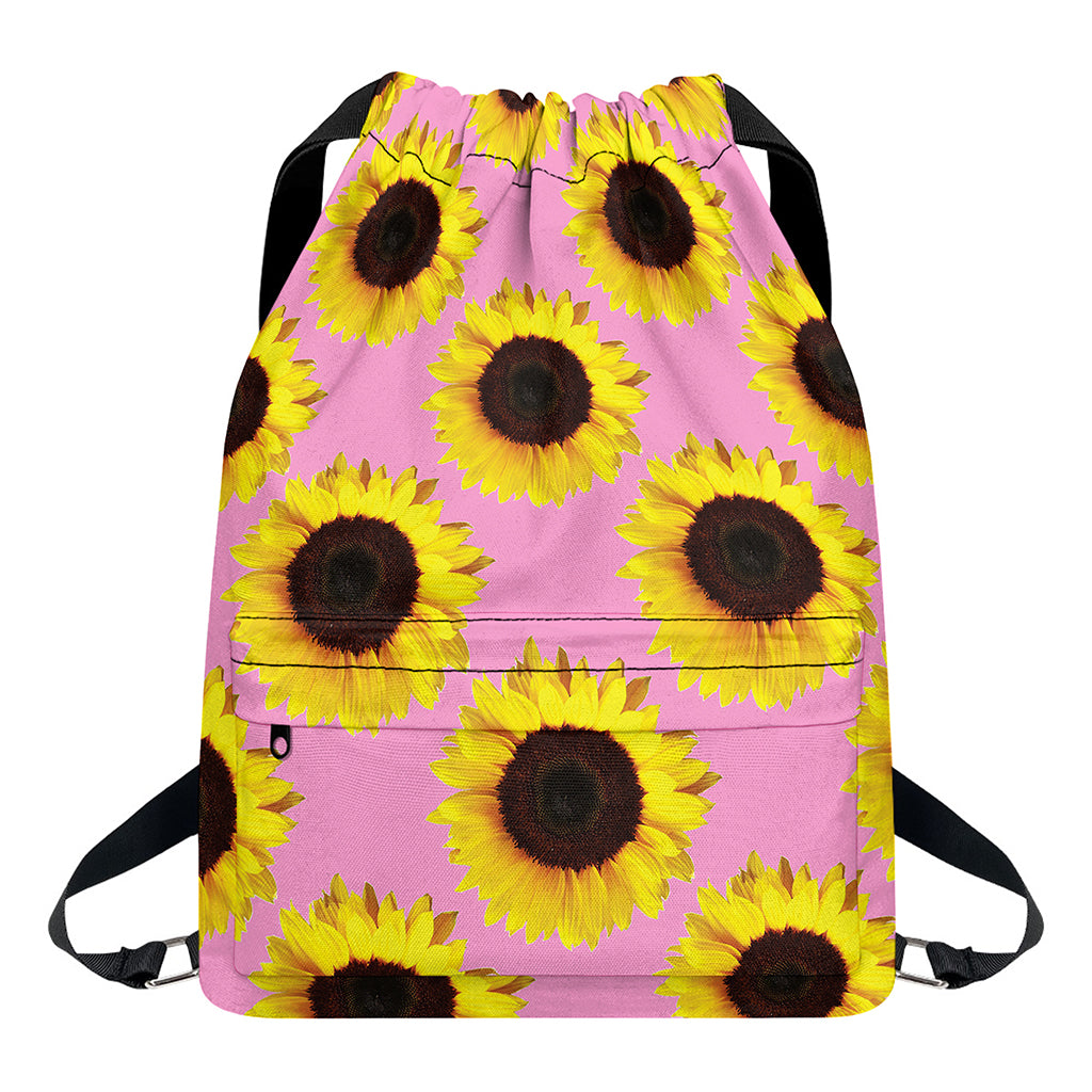 Pink Sunflower Pattern Print Drawstring Backpack