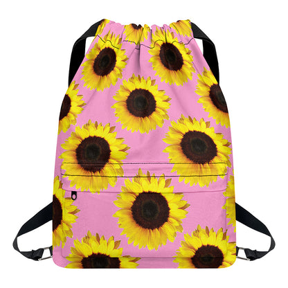 Pink Sunflower Pattern Print Drawstring Backpack