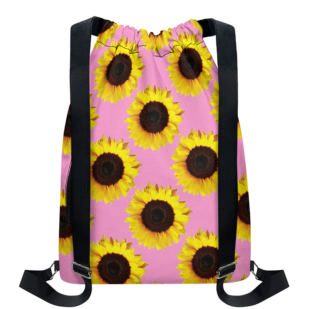 Pink Sunflower Pattern Print Drawstring Backpack