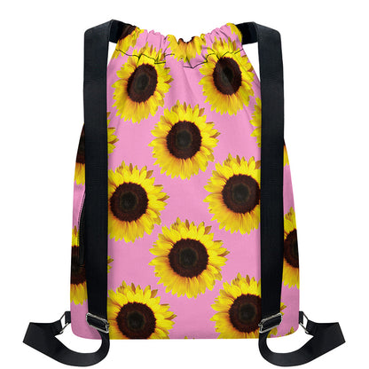 Pink Sunflower Pattern Print Drawstring Backpack