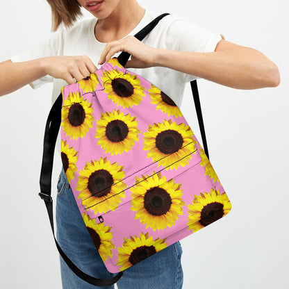Pink Sunflower Pattern Print Drawstring Backpack