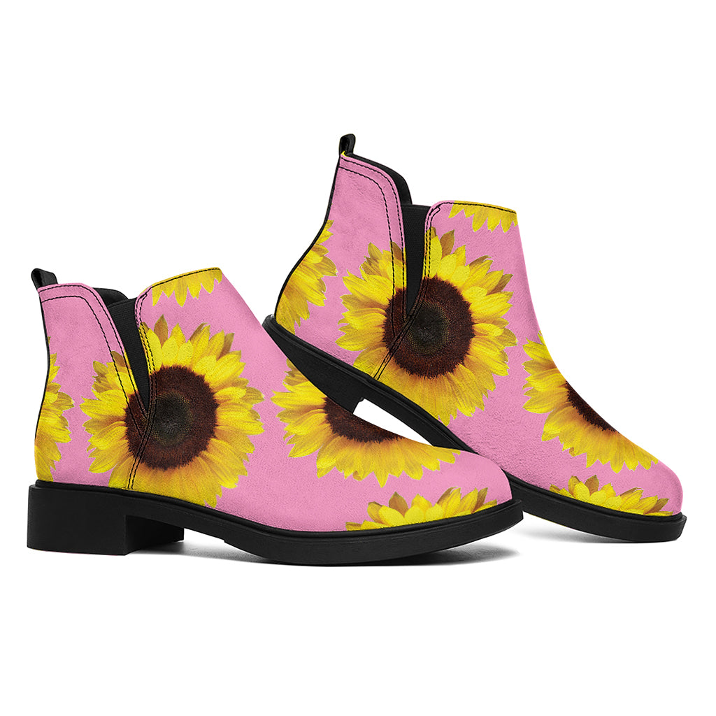 Pink Sunflower Pattern Print Flat Ankle Boots