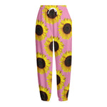 Pink Sunflower Pattern Print Fleece Lined Knit Pants