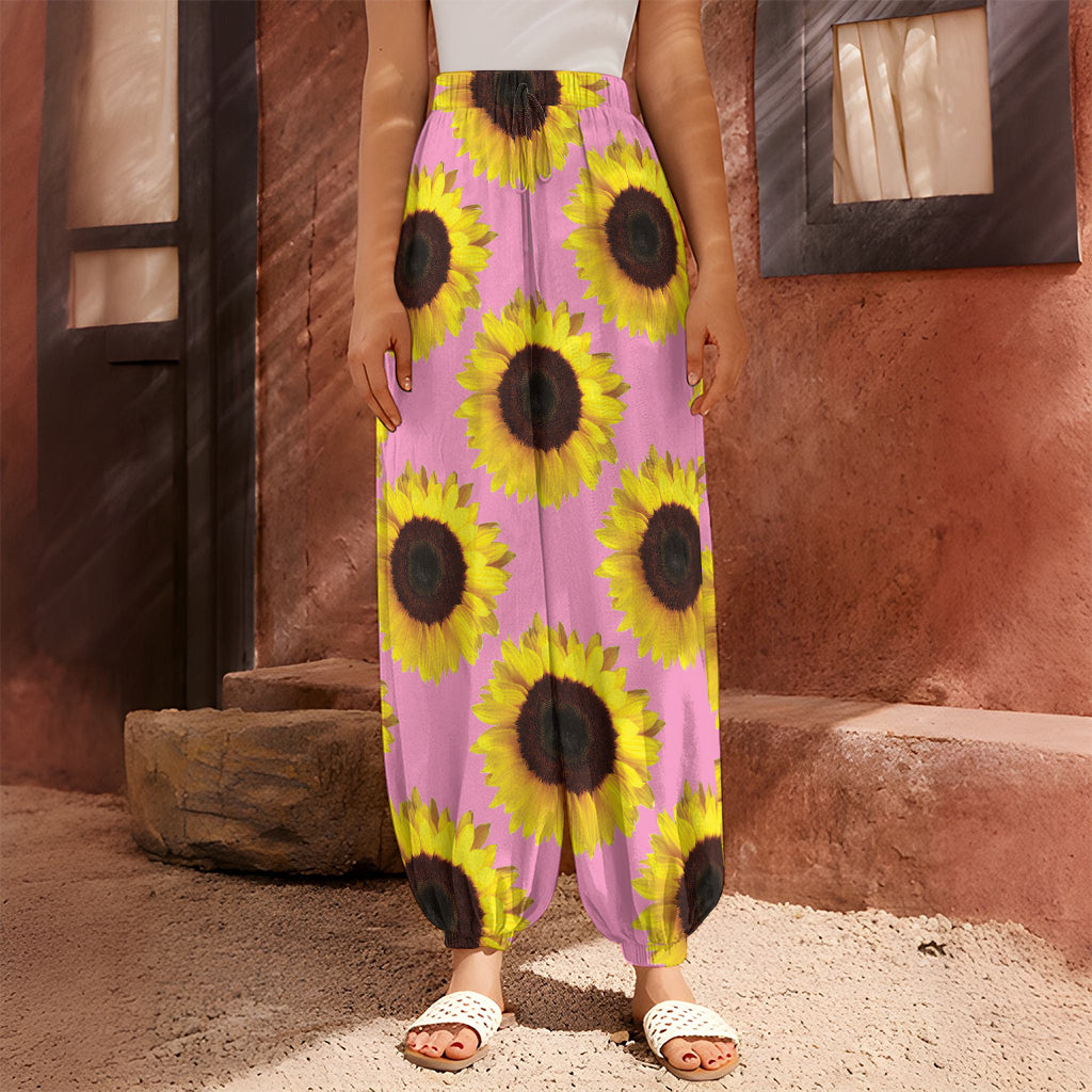 Pink Sunflower Pattern Print Harem Pants