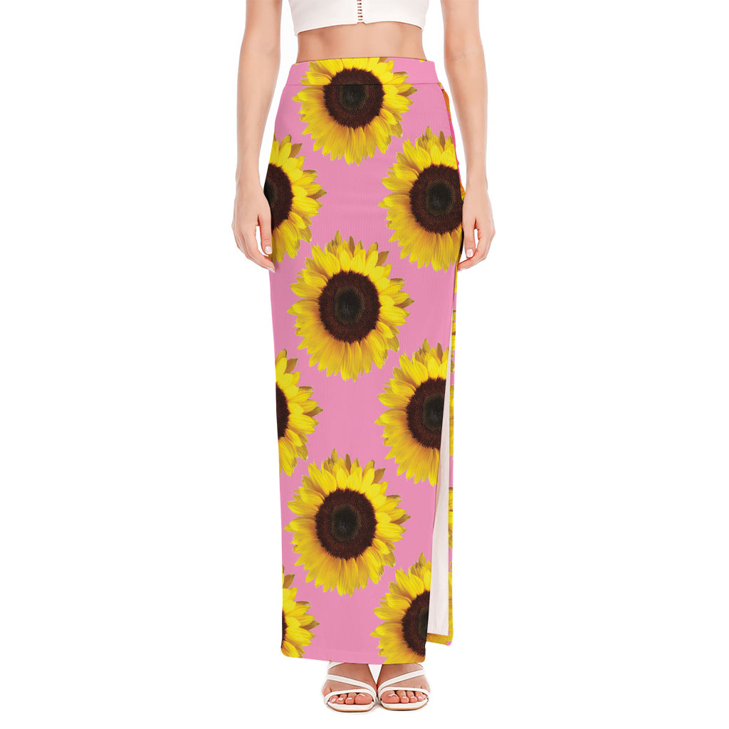 Pink Sunflower Pattern Print High Slit Maxi Skirt