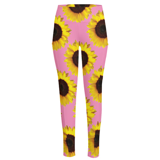 Pink Sunflower Pattern Print High-Waisted Pocket Leggings