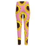 Pink Sunflower Pattern Print High-Waisted Pocket Leggings