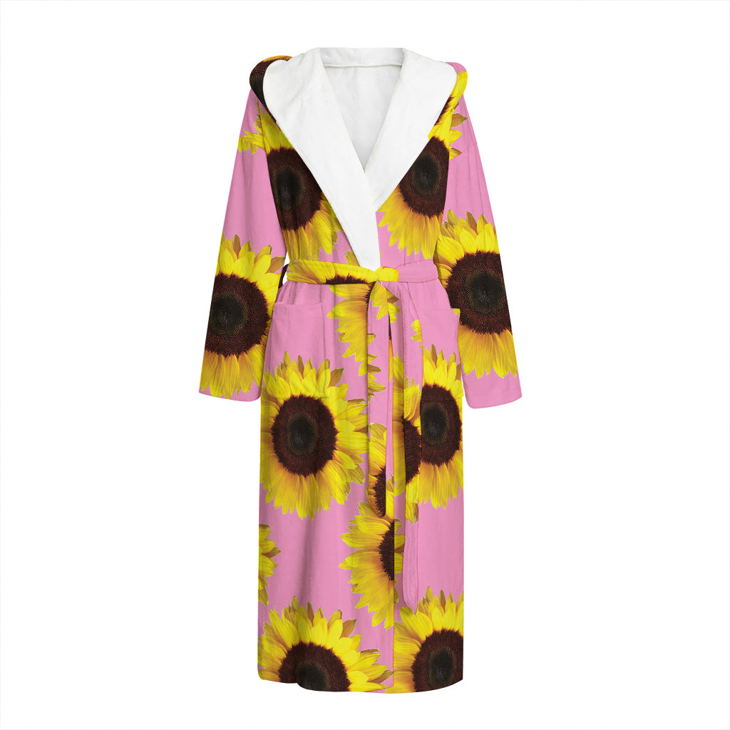 Pink Sunflower Pattern Print Hooded Bathrobe