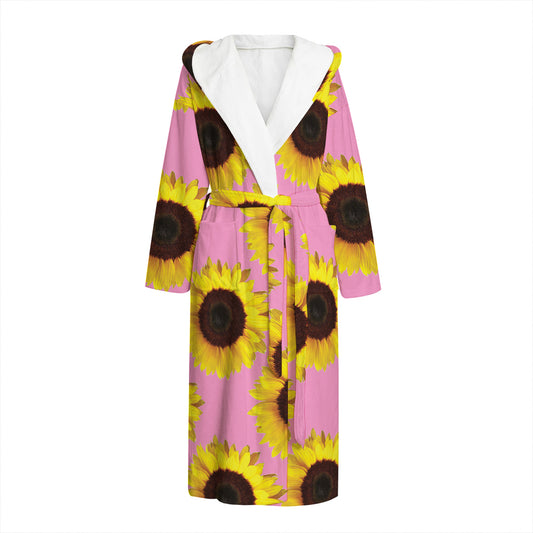 Pink Sunflower Pattern Print Hooded Bathrobe