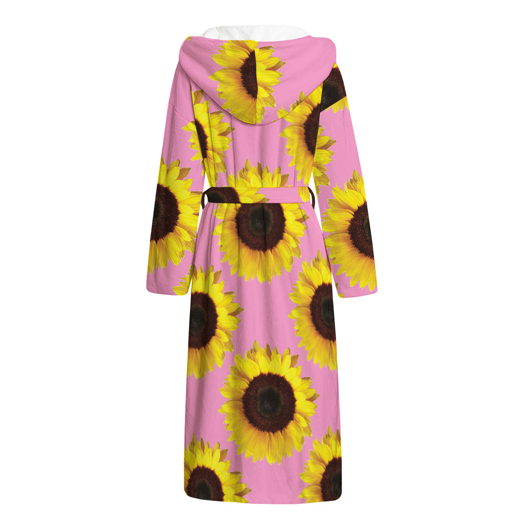 Pink Sunflower Pattern Print Hooded Bathrobe