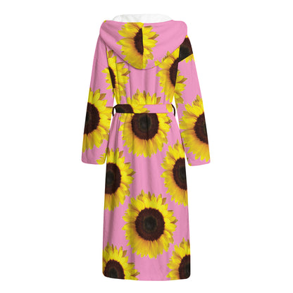 Pink Sunflower Pattern Print Hooded Bathrobe