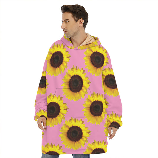 Pink Sunflower Pattern Print Hoodie Blanket