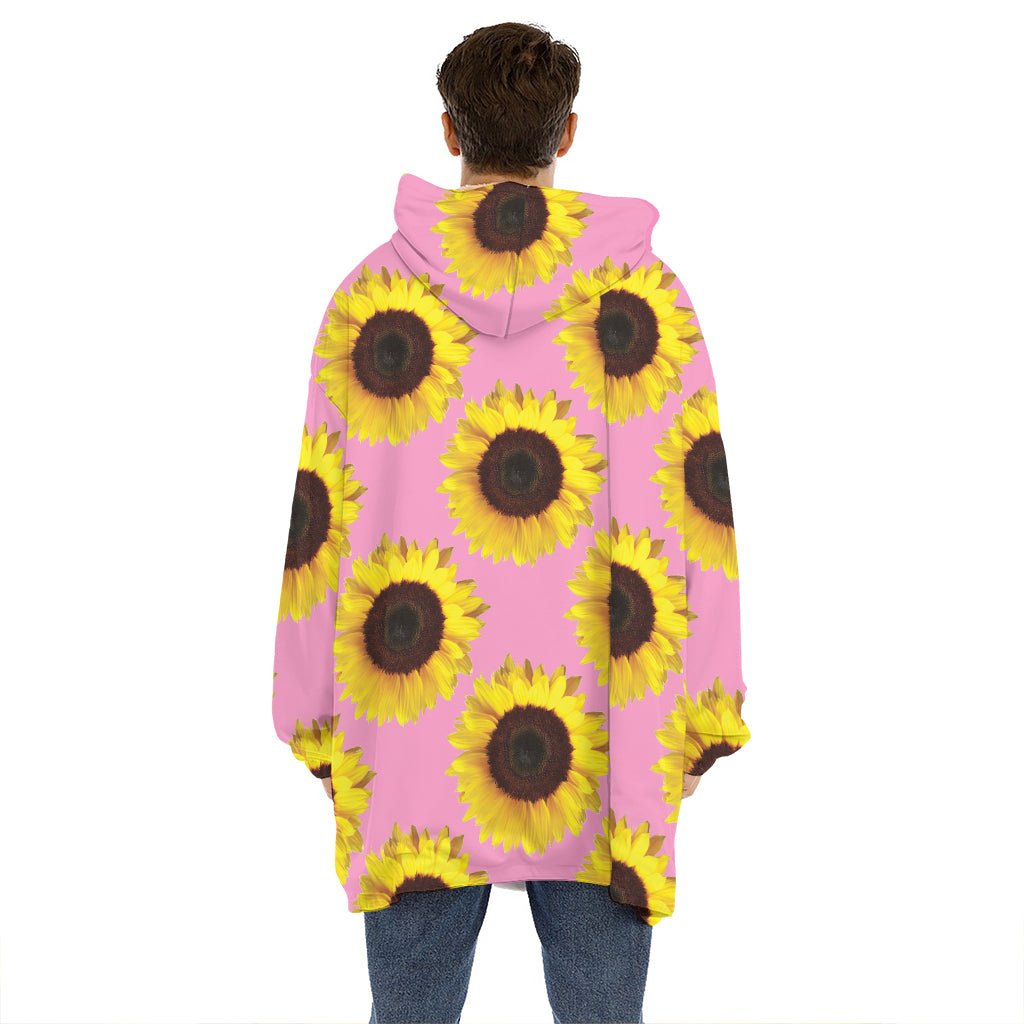 Pink Sunflower Pattern Print Hoodie Blanket