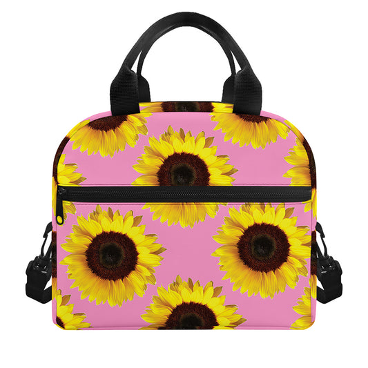 Pink Sunflower Pattern Print Insulated Lunch Bag