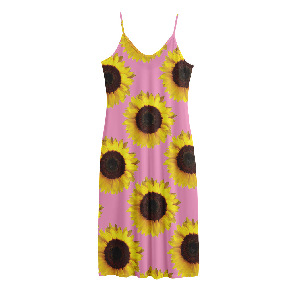 Pink Sunflower Pattern Print Jersey Midi Cami Dress