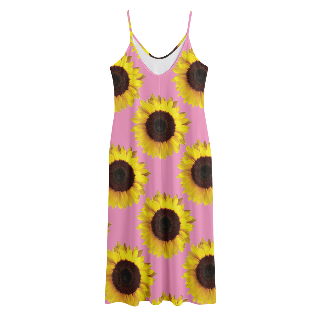 Pink Sunflower Pattern Print Jersey Midi Cami Dress