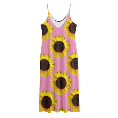 Pink Sunflower Pattern Print Jersey Midi Cami Dress