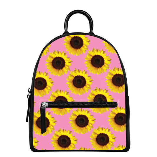 Pink Sunflower Pattern Print Leather Backpack