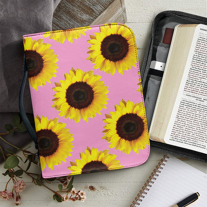Pink Sunflower Pattern Print Leather Bible Cover