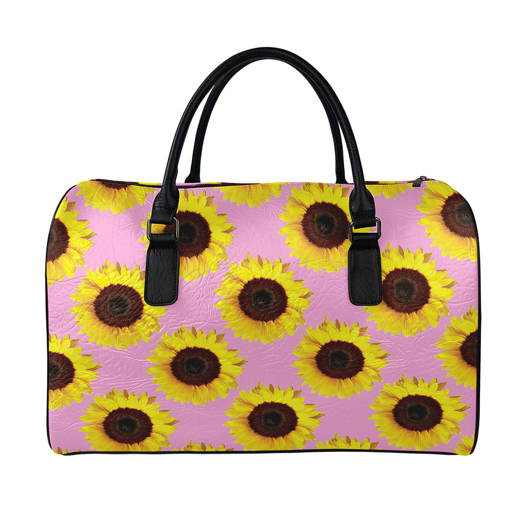 Pink Sunflower Pattern Print Leather Duffle Bag