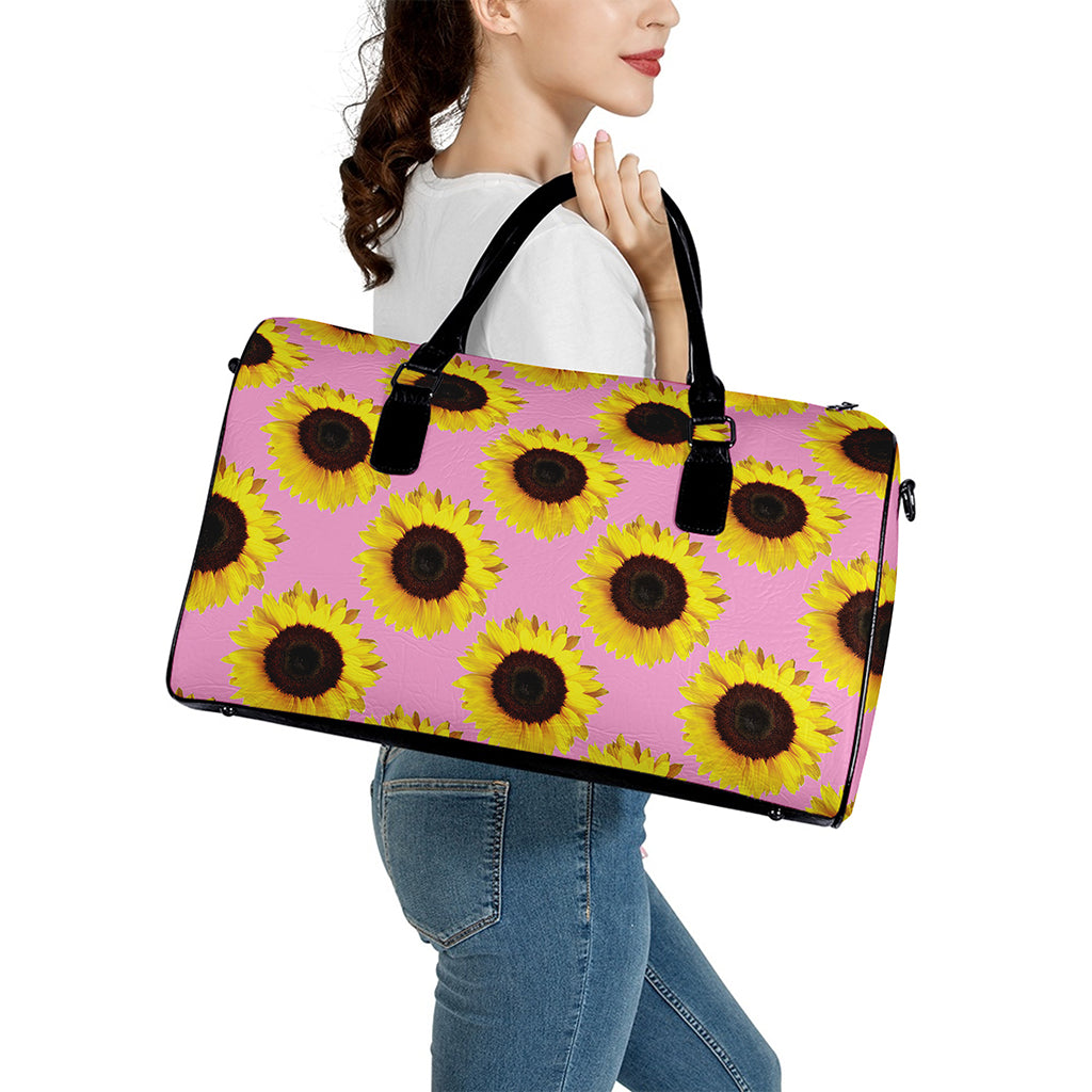 Pink Sunflower Pattern Print Leather Duffle Bag