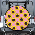 Pink Sunflower Pattern Print Leather Spare Tire Cover