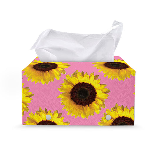 Pink Sunflower Pattern Print Leather Tissue Box Cover