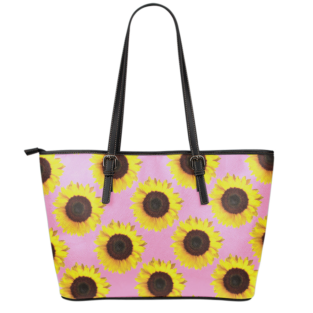 Pink Sunflower Pattern Print Leather Tote Bag