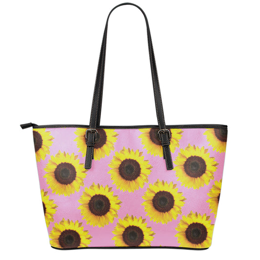 Pink Sunflower Pattern Print Leather Tote Bag