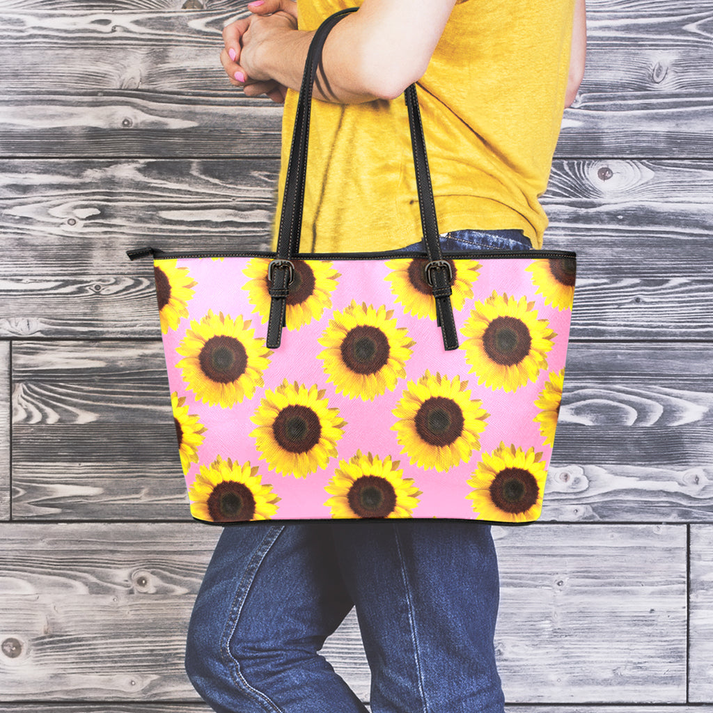 Pink Sunflower Pattern Print Leather Tote Bag