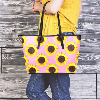 Pink Sunflower Pattern Print Leather Tote Bag