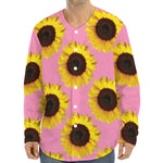 Pink Sunflower Pattern Print Long Sleeve Baseball Jersey