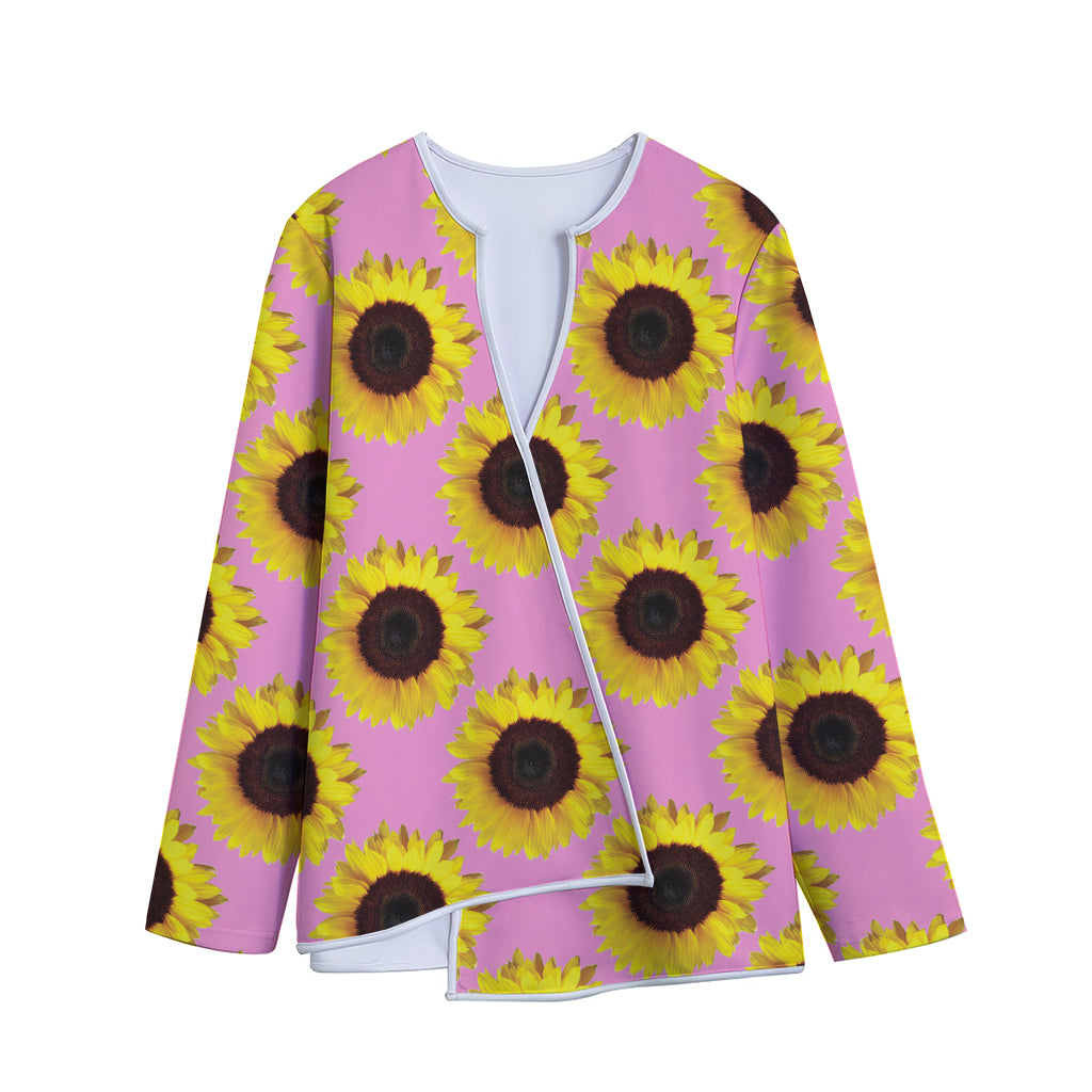 Pink Sunflower Pattern Print Long Sleeve Short Coat