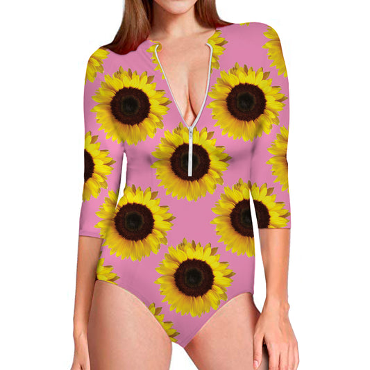 Pink Sunflower Pattern Print Long Sleeve Swimsuit