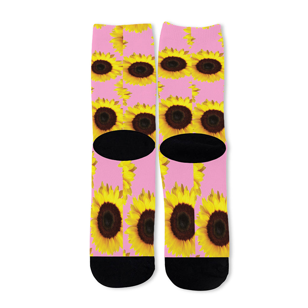 Pink Sunflower Pattern Print Long Socks