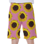 Pink Sunflower Pattern Print Men's Beach Shorts