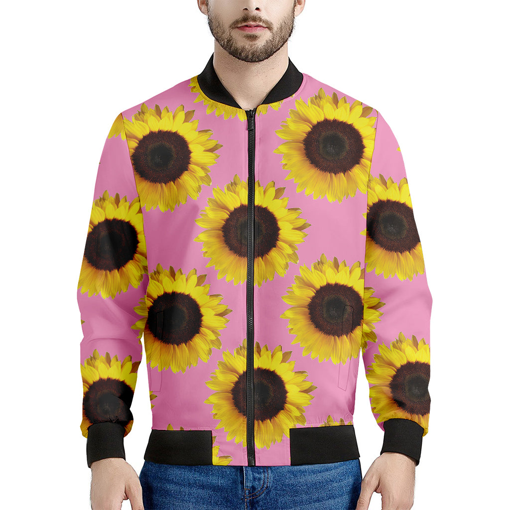 Pink Sunflower Pattern Print Men's Bomber Jacket