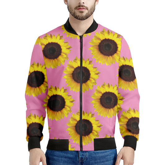 Pink Sunflower Pattern Print Men's Bomber Jacket
