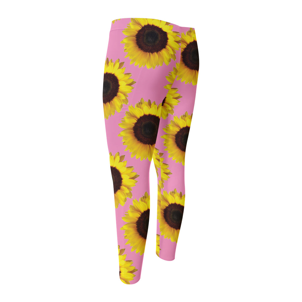 Pink Sunflower Pattern Print Men's Compression Pants