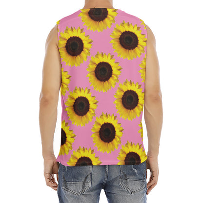 Pink Sunflower Pattern Print Men's Fitness Tank Top