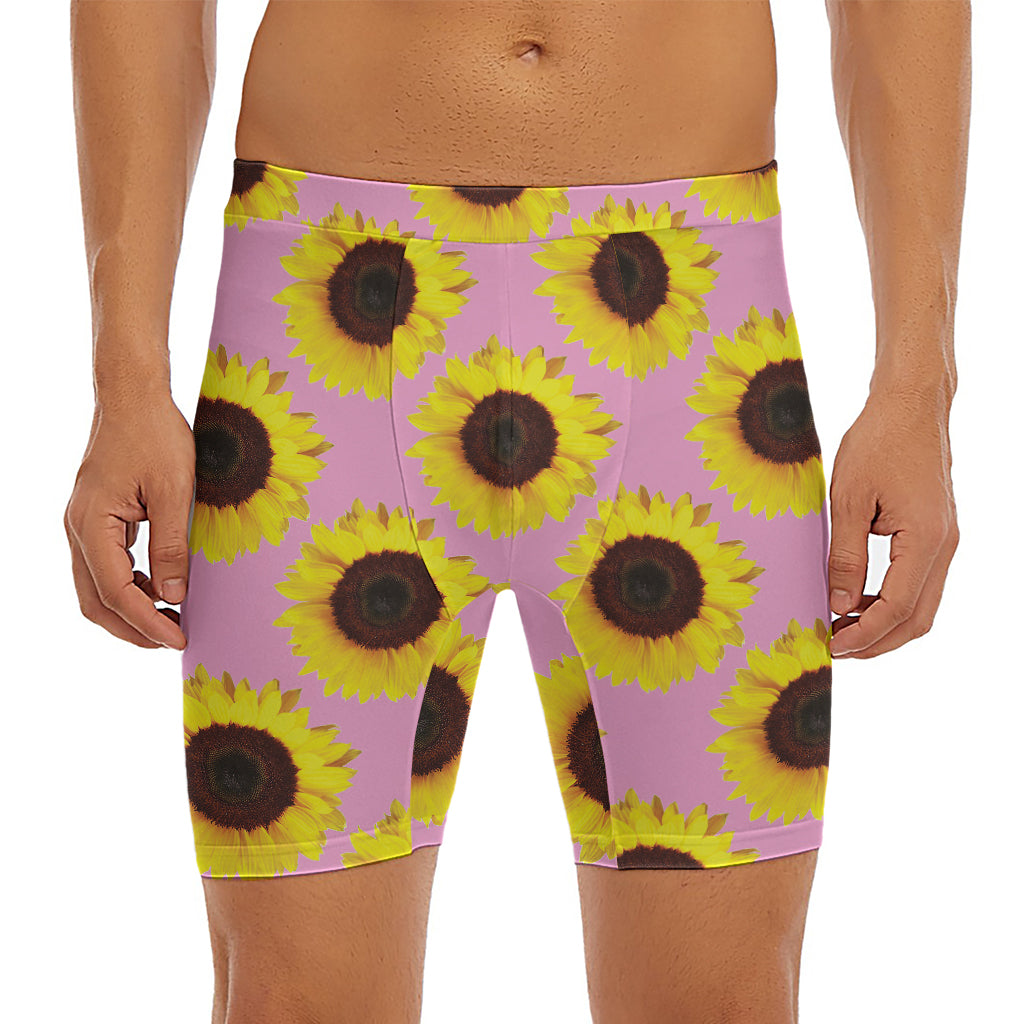 Pink Sunflower Pattern Print Men's Long Boxer Briefs