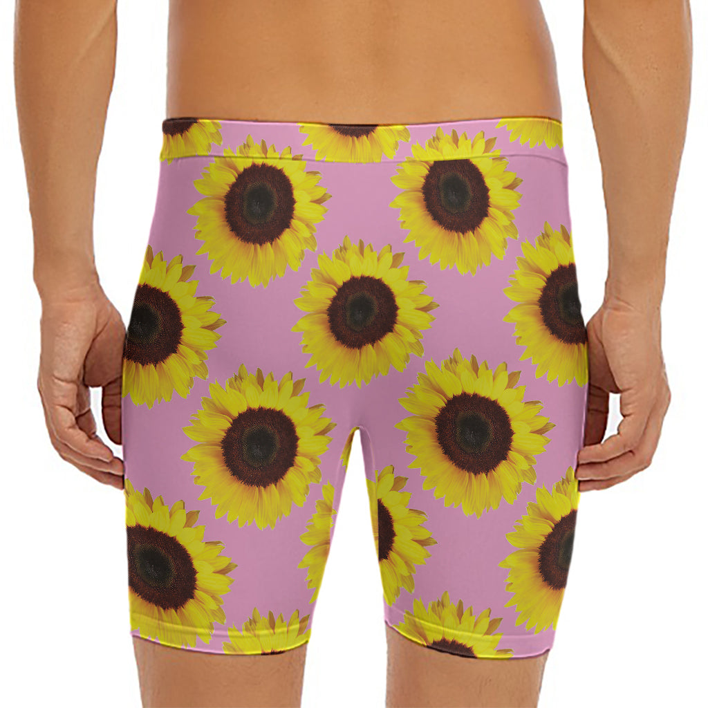 Pink Sunflower Pattern Print Men's Long Boxer Briefs