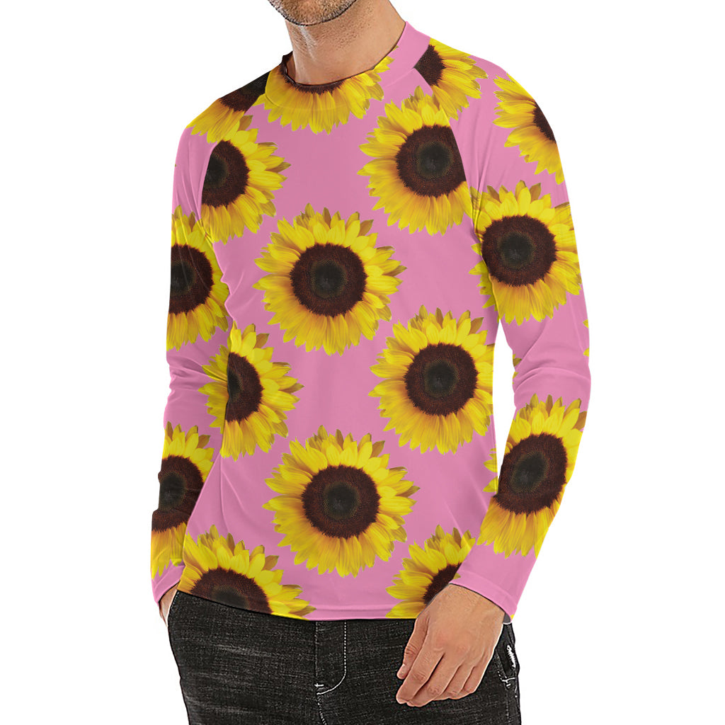 Pink Sunflower Pattern Print Men's Long Sleeve Rash Guard