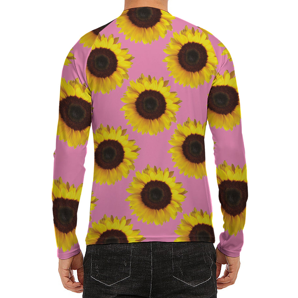 Pink Sunflower Pattern Print Men's Long Sleeve Rash Guard