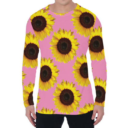 Pink Sunflower Pattern Print Men's Long Sleeve T-Shirt