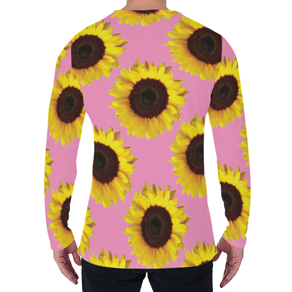 Pink Sunflower Pattern Print Men's Long Sleeve T-Shirt