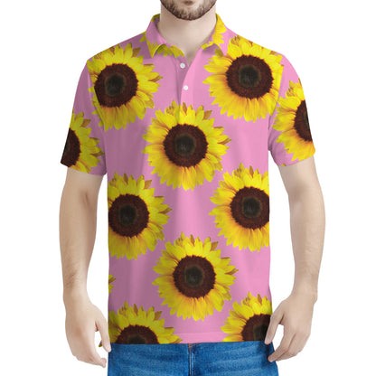 Pink Sunflower Pattern Print Men's Polo Shirt