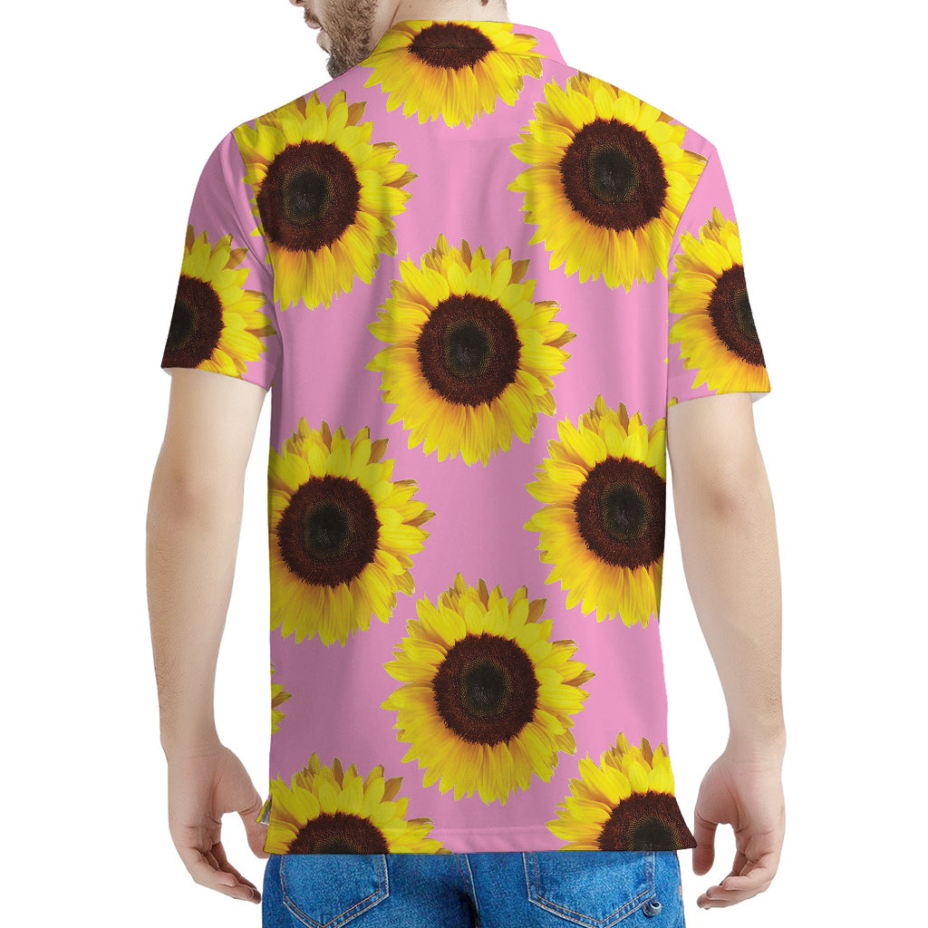 Pink Sunflower Pattern Print Men's Polo Shirt
